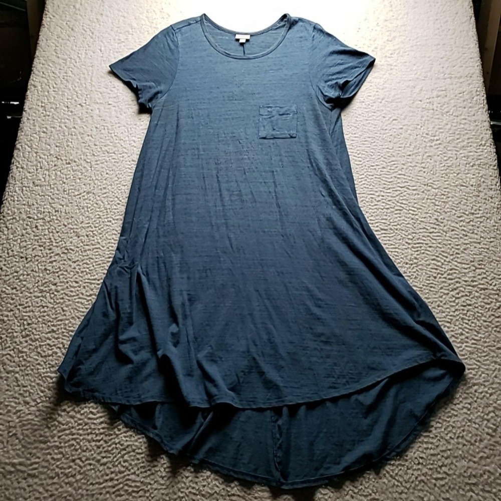 LuLaRoe T Shirt Dress Womens 2XL Blue Solid Short Sleeve Crew Neck Hi-Low Swing